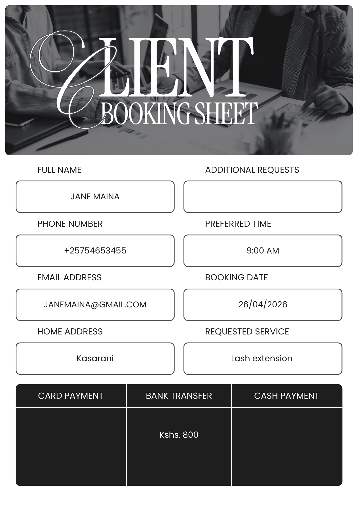 Client booking sheet