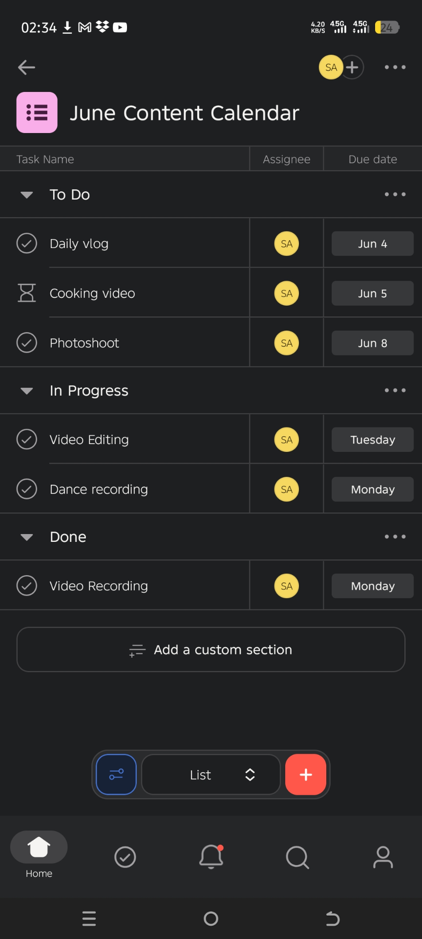 Content calendar — task management